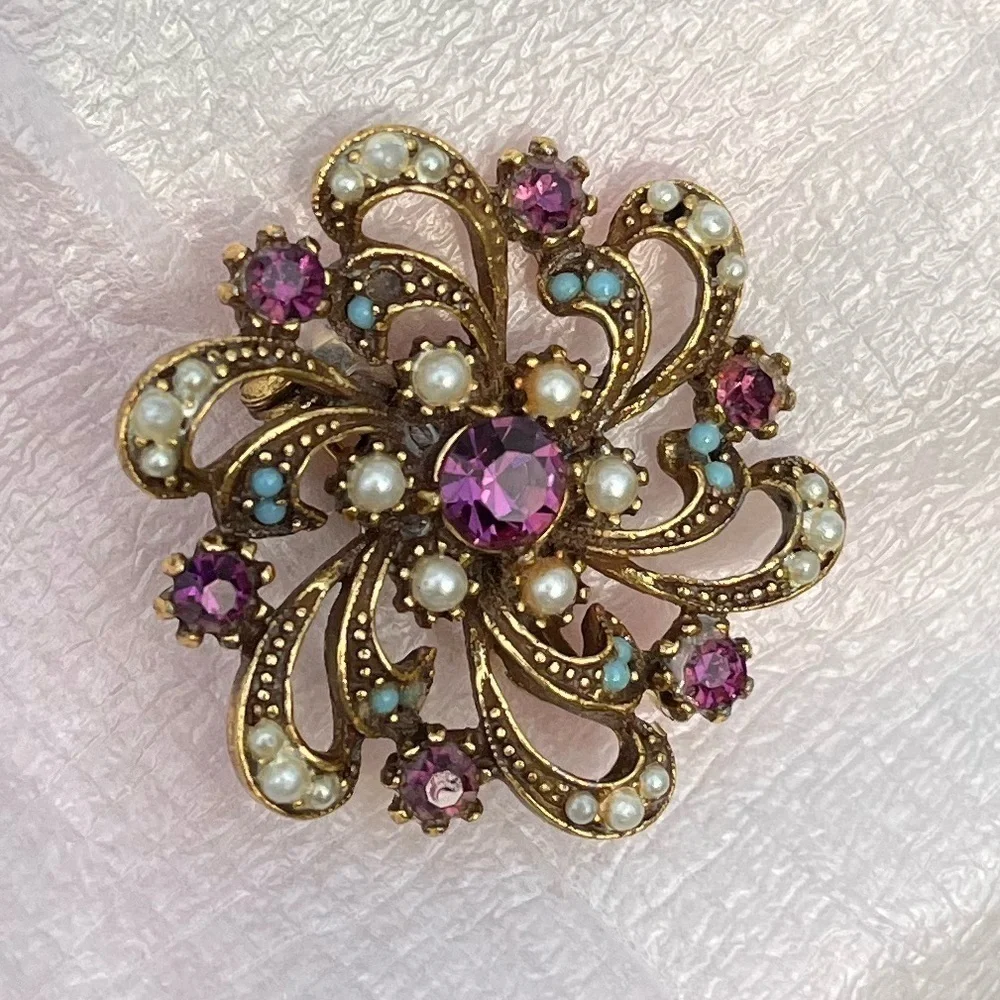 Vintage Purple Rhinestone Brooch Pin with Blue and Pearl Accents